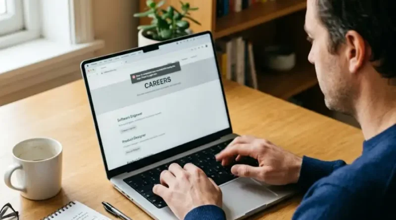 Person at a wooden desk troubleshooting a company careers page on a laptop, an example of the keine karriere-subdomain gefunden situation.