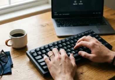Close-up of a person's hands typing on a black mechanical keyboard with soft warm desk light, showing the word "kibard" being typed on the screen in the background.