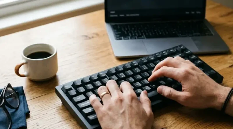 Close-up of a person's hands typing on a black mechanical keyboard with soft warm desk light, showing the word "kibard" being typed on the screen in the background.
