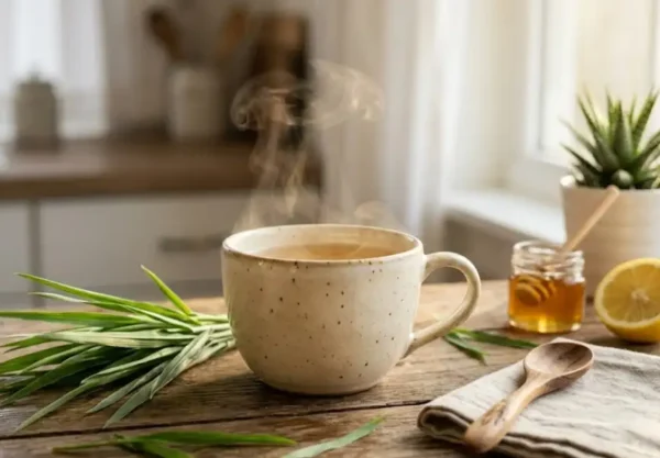 Fresh lyposingrass herbal tea in a ceramic cup with green stalks and leaves on a rustic wooden kitchen table in warm morning light