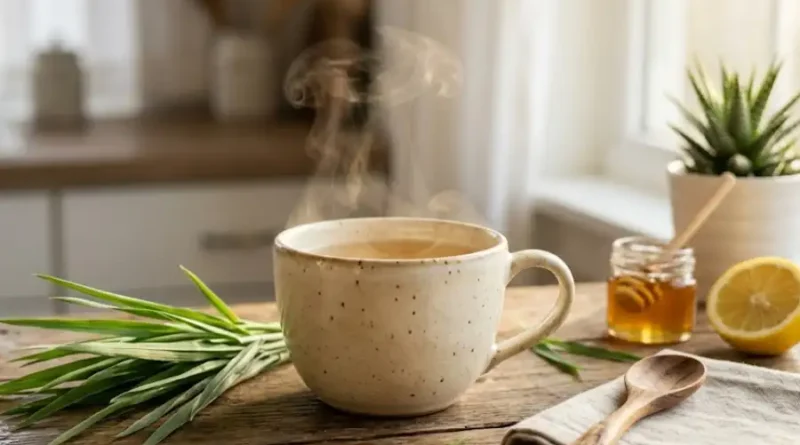 Fresh lyposingrass herbal tea in a ceramic cup with green stalks and leaves on a rustic wooden kitchen table in warm morning light
