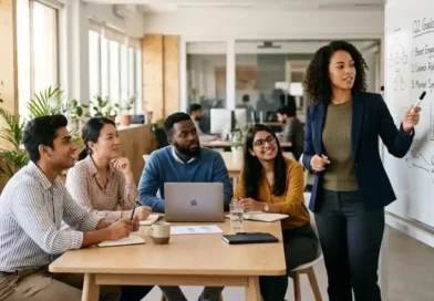 A team leader standing at a whiteboard explaining goals to a small group of focused team members in a modern office setting