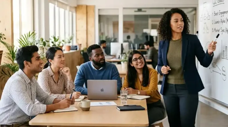 Management Tips FTAsiaStock: 12 Simple Ways to Lead Better Teams (2026) 1 A team leader standing at a whiteboard explaining goals to a small group of focused team members in a modern office setting