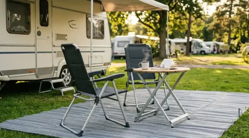 Grey woven markiseteppe awning mat rolled out under a caravan awning on a grass campsite with camping chairs and a table on top.
