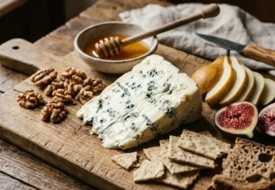 Masgonzola cheese wedge with blue veins on a rustic wooden board with pears, figs, honey and walnuts