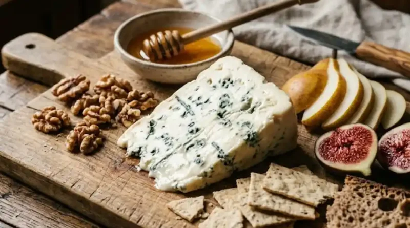 Masgonzola: Taste, Uses, Pairings and Storage Explained 1 Masgonzola cheese wedge with blue veins on a rustic wooden board with pears, figs, honey and walnuts