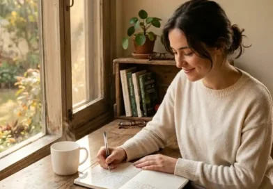 Young woman sitting by a sunlit window with an open notebook, writing a new question, capturing the Messonde mindset of curiosity and everyday exploration.