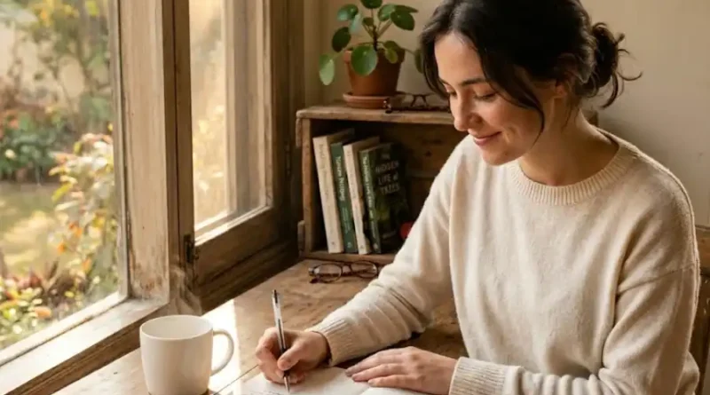 Young woman sitting by a sunlit window with an open notebook, writing a new question, capturing the Messonde mindset of curiosity and everyday exploration.