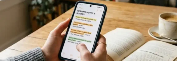 A person scrolling through reading notes on their phone while sitting next to an open book and a cup of coffee