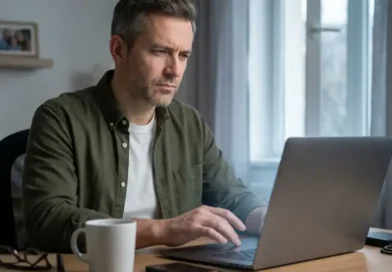 Cautious middle-aged man at his home office desk hesitating before clicking a download button on his laptop screen.