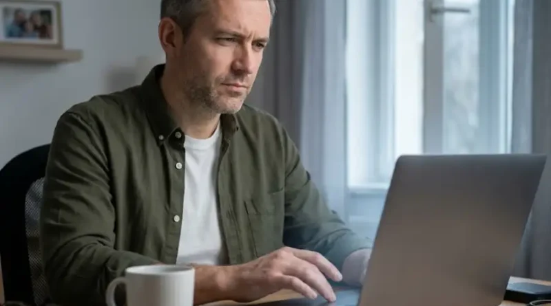 Cautious middle-aged man at his home office desk hesitating before clicking a download button on his laptop screen.