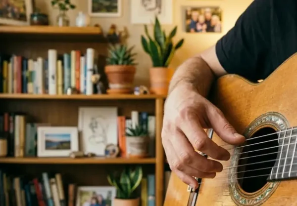 Close-up of a guitarist's fingers plucking a single nylon string on a classical guitar in warm natural light, showing the pulsamento fingerstyle technique.