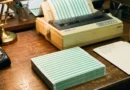 A stack of green and white striped continuous-feed printer paper next to a vintage dot-matrix printer in a 1980s office setting
