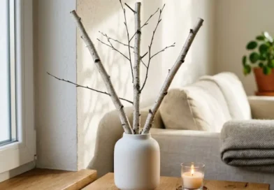 A few birch branches placed in a simple white ceramic vase on a wooden table near a bright window in a cozy Scandinavian-style living room