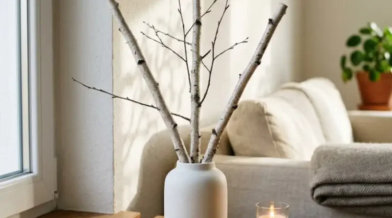 Pyntekvister: What It Means and How to Style It at Home 1 A few birch branches placed in a simple white ceramic vase on a wooden table near a bright window in a cozy Scandinavian-style living room