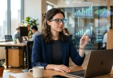 Realitykubgs concept shown as a person using AR glasses with digital data layers floating over a modern office desk.