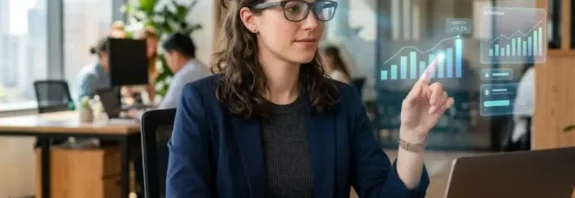 Realitykubgs concept shown as a person using AR glasses with digital data layers floating over a modern office desk.