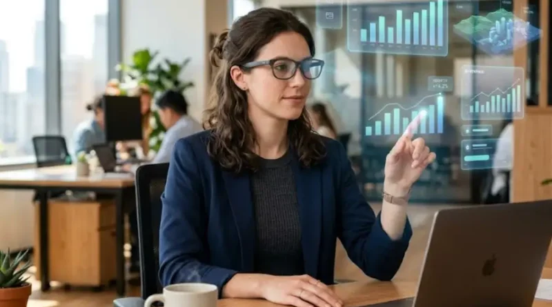 Realitykubgs concept shown as a person using AR glasses with digital data layers floating over a modern office desk.