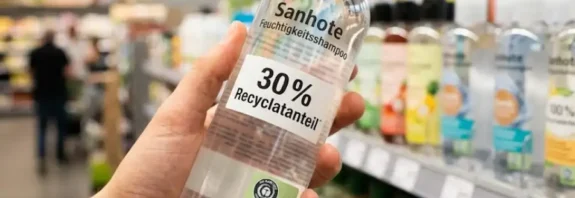 Close-up of a hand holding a clear plastic shampoo bottle in a grocery store aisle, with a visible label showing "30% Recyclatanteil" and a small recycling certification logo.