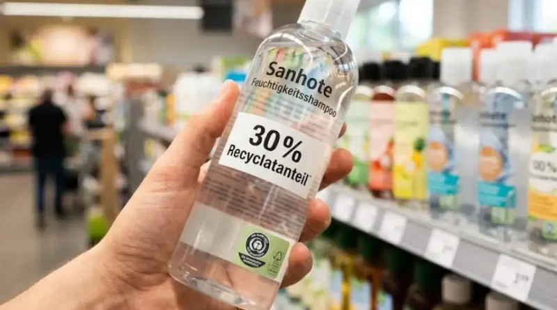 Close-up of a hand holding a clear plastic shampoo bottle in a grocery store aisle, with a visible label showing "30% Recyclatanteil" and a small recycling certification logo.