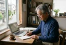 A retired Japanese man sitting quietly at a wooden desk, writing in a notebook beside a laptop, representing the real person behind the online username ryouma777333.