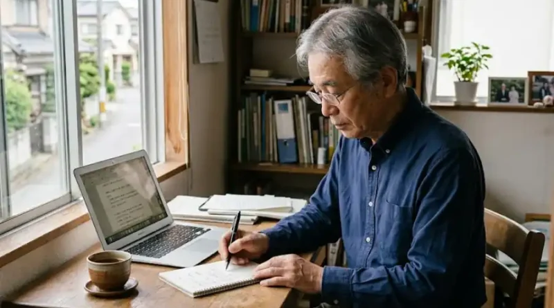Who Is Ryouma777333? The Real Person Behind the Fake Gaming Identity 1 A retired Japanese man sitting quietly at a wooden desk, writing in a notebook beside a laptop, representing the real person behind the online username ryouma777333.