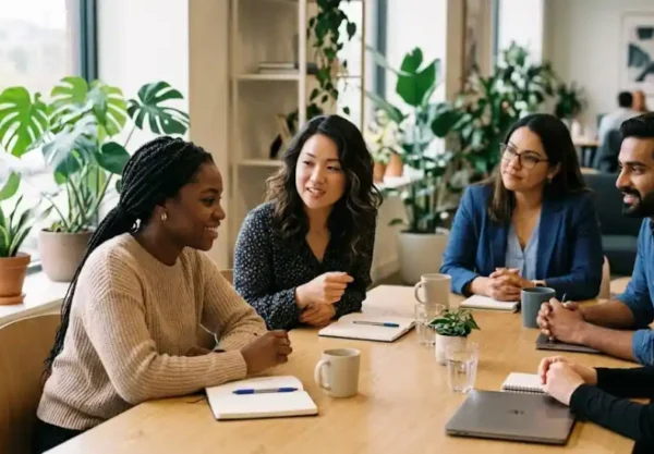 A diverse team of coworkers having a supportive and friendly conversation during a relaxed office meeting with natural window lighting