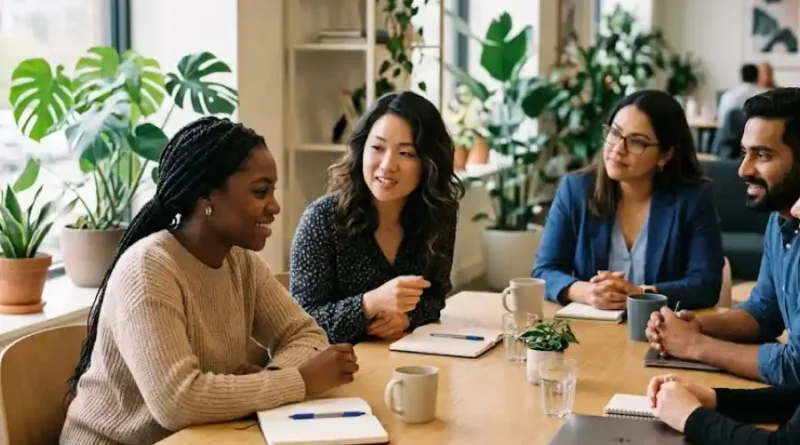A diverse team of coworkers having a supportive and friendly conversation during a relaxed office meeting with natural window lighting
