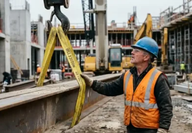 Yellow web slinguri wrapped around a steel beam being lifted by a crane at a construction site while a worker checks the tension