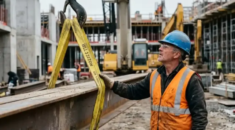 Yellow web slinguri wrapped around a steel beam being lifted by a crane at a construction site while a worker checks the tension
