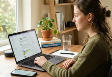 A person sitting at a clean wooden desk using a laptop and smartphone together, with digital notes and colorful tags visible on the screen, representing the Snapjotz.com note-taking and idea organization platform.