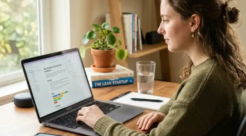 A person sitting at a clean wooden desk using a laptop and smartphone together, with digital notes and colorful tags visible on the screen, representing the Snapjotz.com note-taking and idea organization platform.