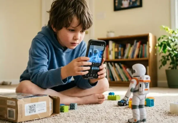 Young child holding a smartphone with a glowing blue video effect in front of a toy figure on the living room carpet.