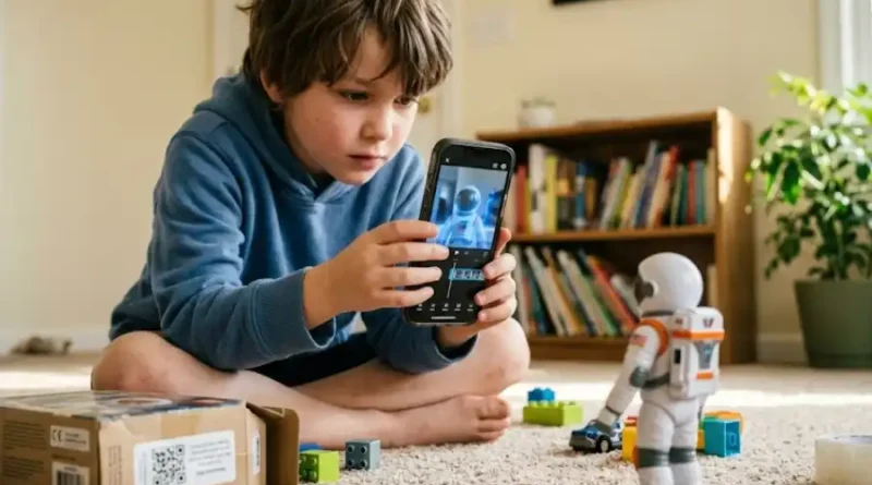 Young child holding a smartphone with a glowing blue video effect in front of a toy figure on the living room carpet.