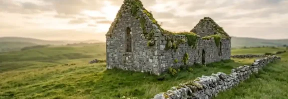 Ancient stone church ruin on a green Irish hillside surrounded by wildflowers and rolling hills under soft morning sunlight