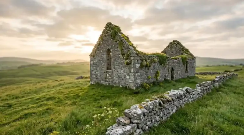 Teren Cill: Meaning, Origin & Why It's Trending Everywhere 1 Ancient stone church ruin on a green Irish hillside surrounded by wildflowers and rolling hills under soft morning sunlight