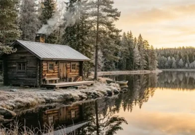 A traditional Finnish log cabin surrounded by pine trees beside a calm lake during golden hour in Finland