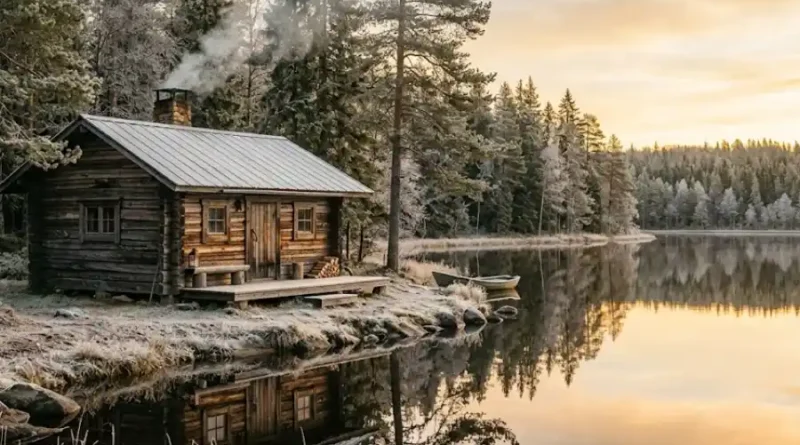 Tiimatuvat: The Finnish Cabin Idea That Can Change How You Live, Work, and Think 1 A traditional Finnish log cabin surrounded by pine trees beside a calm lake during golden hour in Finland