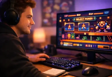 A gamer studying arcade game tutorials on a monitor at a desk with ambient LED lighting and handwritten notes