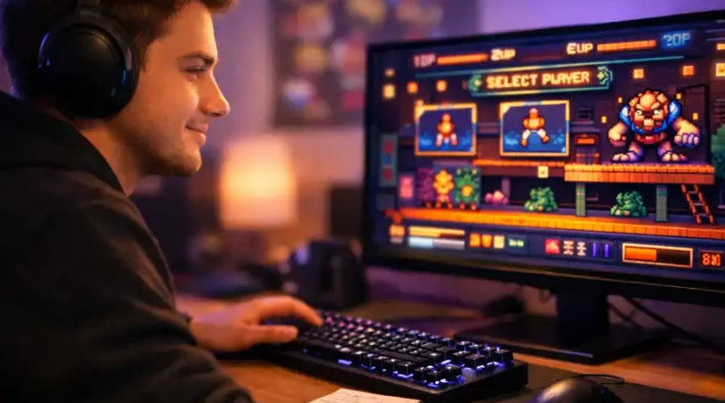 Tutorials Undergarcade: Gaming Tips, Labs & Strategy Guides 1 A gamer studying arcade game tutorials on a monitor at a desk with ambient LED lighting and handwritten notes