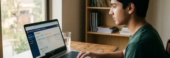 A Texas high school student logging into an online school portal on a laptop at home to manage courses and grades through TxMyZone.