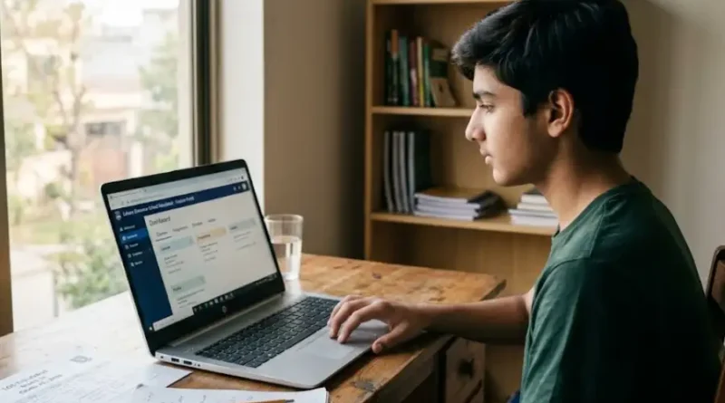 A Texas high school student logging into an online school portal on a laptop at home to manage courses and grades through TxMyZone.