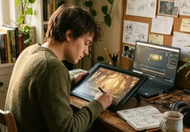 UndergrowthGames contributor sketching nature-themed indie game art at a cozy home studio desk with plants, a sketchbook, and a drawing tablet.