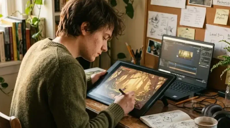 UndergrowthGames contributor sketching nature-themed indie game art at a cozy home studio desk with plants, a sketchbook, and a drawing tablet.