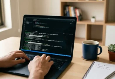 Developer upgrading Python version on a laptop screen showing terminal commands in a modern workspace