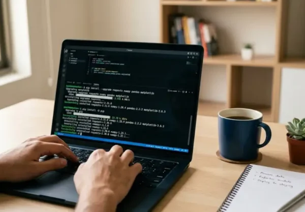 Developer upgrading Python version on a laptop screen showing terminal commands in a modern workspace