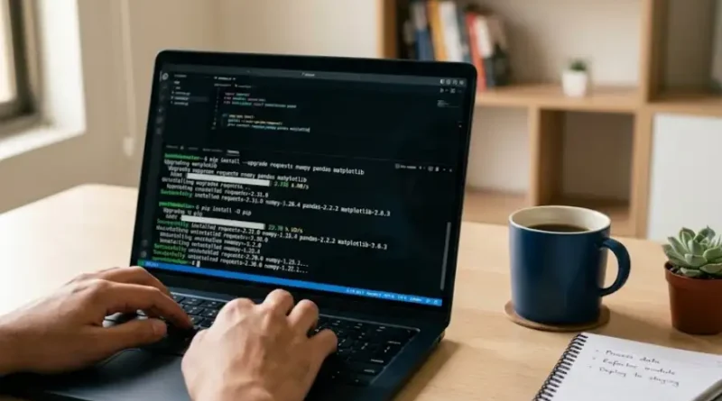 Developer upgrading Python version on a laptop screen showing terminal commands in a modern workspace