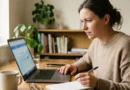 Woman carefully reviewing an unknown website on her laptop at a home office desk, illustrating a vinklyx com safety check before signing up.