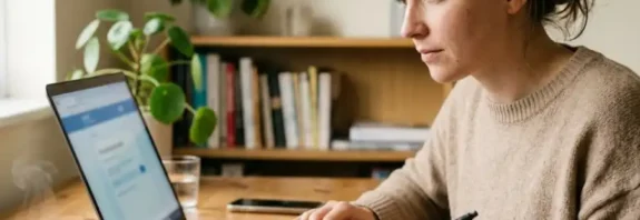 Woman carefully reviewing an unknown website on her laptop at a home office desk, illustrating a vinklyx com safety check before signing up.