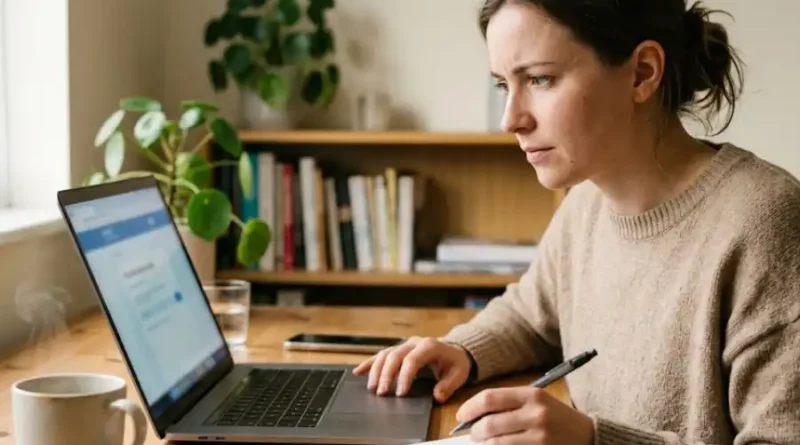 Woman carefully reviewing an unknown website on her laptop at a home office desk, illustrating a vinklyx com safety check before signing up.